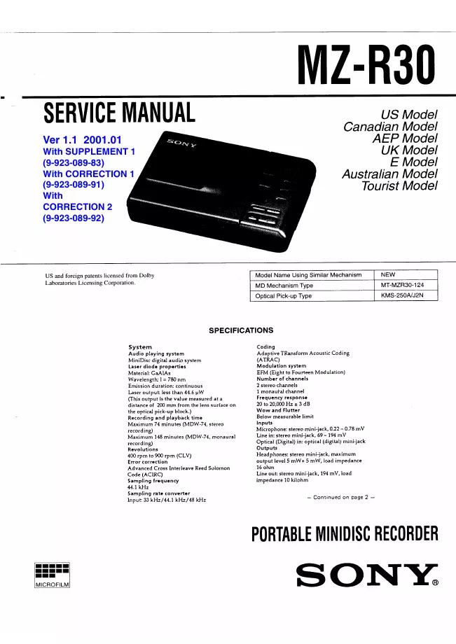 Service Manual Sony MZ-R30
