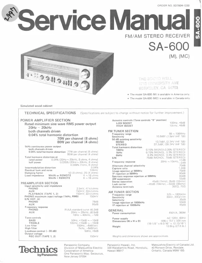 Service Manual Technics SA-600